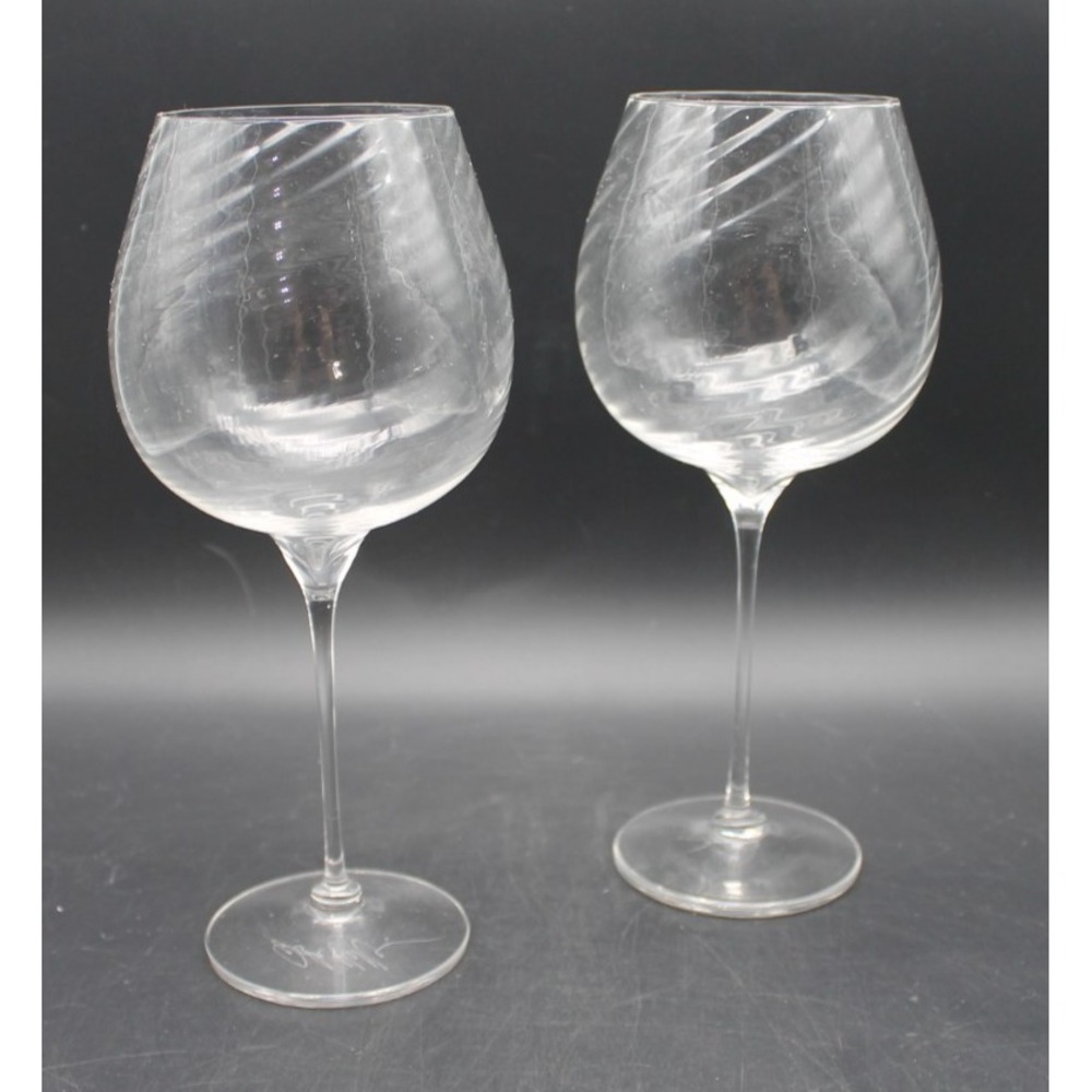 Set of 2 Signed Hand Blown Art Glass Wine Goblets Swirl Optic Bowls 9.5"
